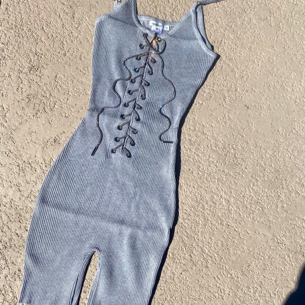 Gray Rhinestone String Shorts Romper - Picture 3 of 5
